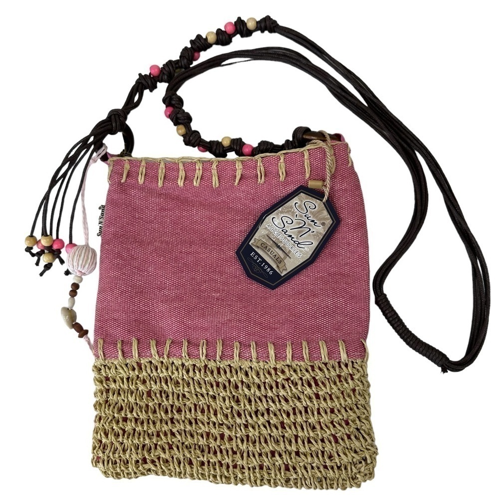 Sun N Sand Raffia Pink Beaded Tropical Crossbody Handbag